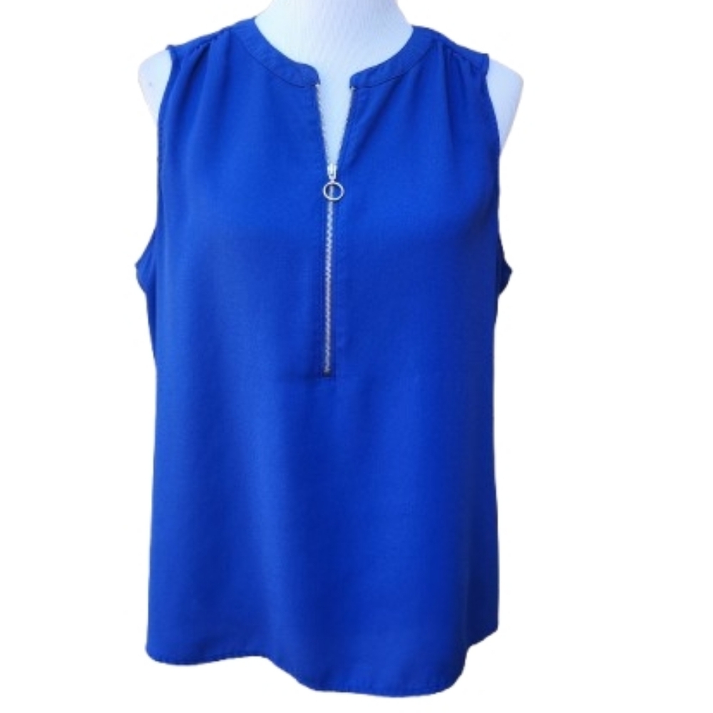 Apt. 9 Blue Sleeveless Blouse Zip Neck Solid Classic Workwear Office Layer